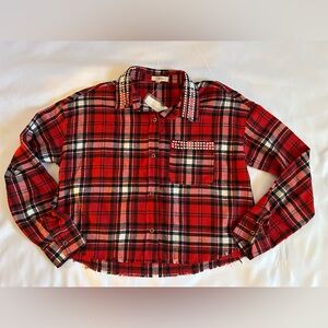 NWTs Red Plaid Flannel Button Down Crop Top with Embellishments Size Medium